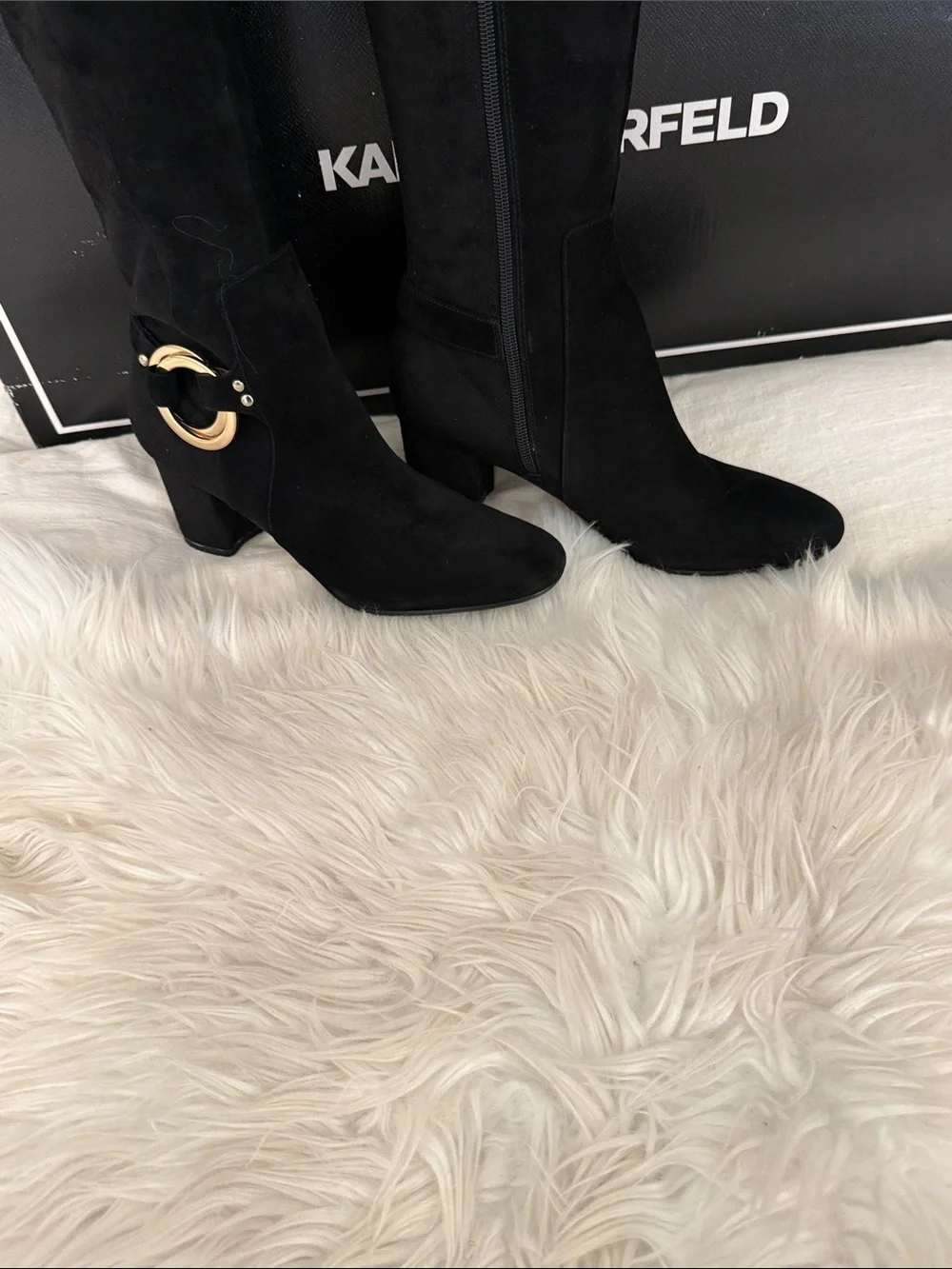 Karl Lagerfeld Black Suede Over-the-Knee Boots with Gold Ring Detail. NWOT